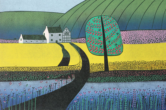 A Walk in the Rapeseed Fields - original limited edition linocut print by Layla Khani, spring rapeseed landscape with path and trees, Laylart Studio