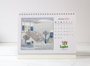 January 2024 page of the Desktop Calendar, featuring a serene wintry linocut print on the left in subtle colors, and a convenient month-at-a-glance layout on the right, displaying dates and days for easy reference.