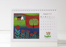 Load image into Gallery viewer, August 2024 page of the Desk Calendar, featuring a striking linocut print on the left with bold and vivid colours, while the right side provides a month-at-a-glance layout for efficient scheduling.