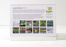 Load image into Gallery viewer, Back view of the linocut Desk Calendar 2024, offering a comprehensive overview of all the captivating linocut images that grace this year&#39;s calendar by Laylart Studio