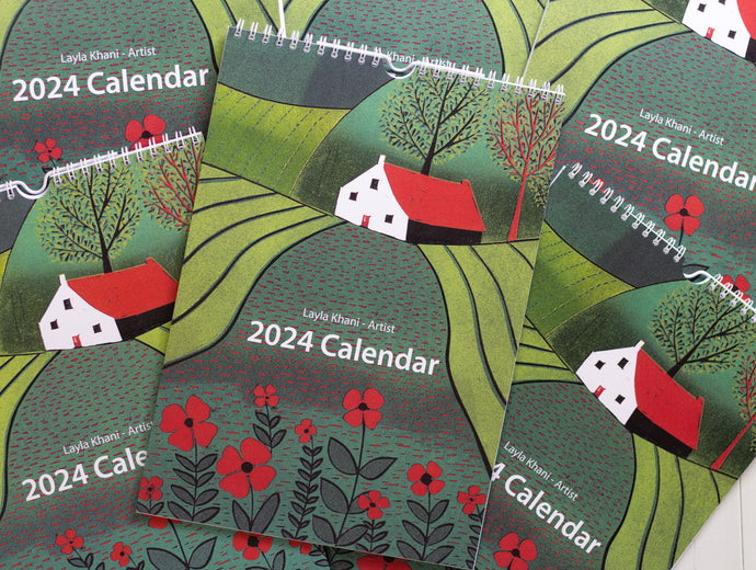 Cover of the A5 Wall Calendar 2024, showcasing a beautiful hand-printed linocut artwork by artist Layla Khani (aka Laylart Studio). The artwork depicts a captivating landscape in vibrant green hues with foreground red flowers.