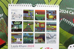 Back view of the 2024 Linocut Wall Art Calendar, offering a comprehensive glimpse of all the featured linocut images that adorn this year-long masterpiece.