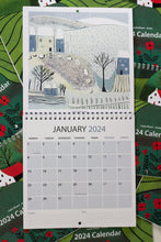 Load image into Gallery viewer, January 2024 calendar page with a serene wintry scene at the top, neatly displayed dates and days at the bottom, and space for notes and priorities