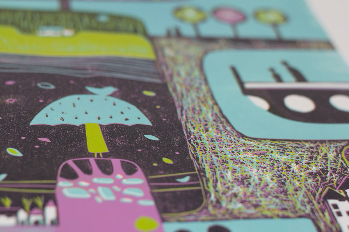 Close-up showing figures, houses and hand-printed textures in A Gust of Wind linocut print
