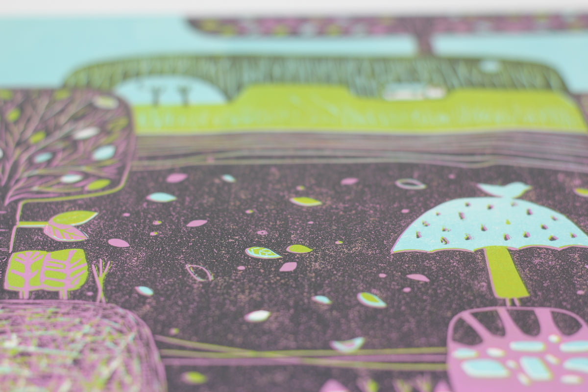 Close-up showing figures, houses and hand-printed textures in A Gust of Wind linocut print
