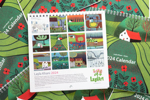 The back view of the Wall Art Calendar 2024, displaying all 12 unique linocut print images for each month. Additionally, there is a paragraph introducing the artist, Layla Khani, who created these stunning images.