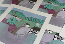 Load image into Gallery viewer, An original reduction linocut print titled &#39;Apple Orchard&#39; by Laylart Studio. This artwork features a picturesque rural landscape with an apple orchard and a farm, portrayed in subtle and soothing colors. The detailed linocut technique showcases the tranquility of the countryside.&quot;