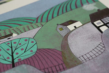Load image into Gallery viewer, A magnified look at the farm buildings in &#39;Apple Orchard&#39; reduction linocut print.