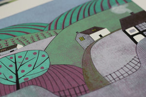 A magnified look at the farm buildings in 'Apple Orchard' reduction linocut print.