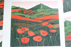 Original Linocut Print | 'Hillside Poppies in Bloom'