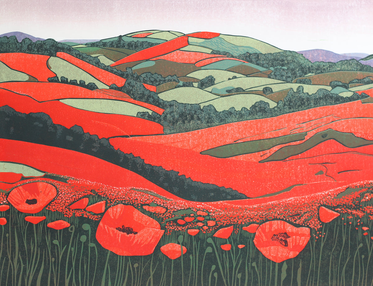 Poppies Unveiled original linocut print of red poppies and rolling countryside by Layla Khani