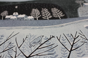 "Close-up: Intricate Blue Tones in 'Wild Winter' Linocut