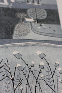 Detail: Subtle Hues of Snowy Landscape in the Linocut