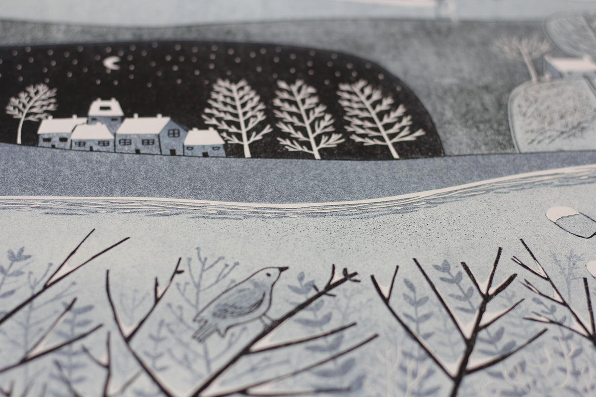 Bare trees and winter landscape detail in Wild Winter original reduction linocut
