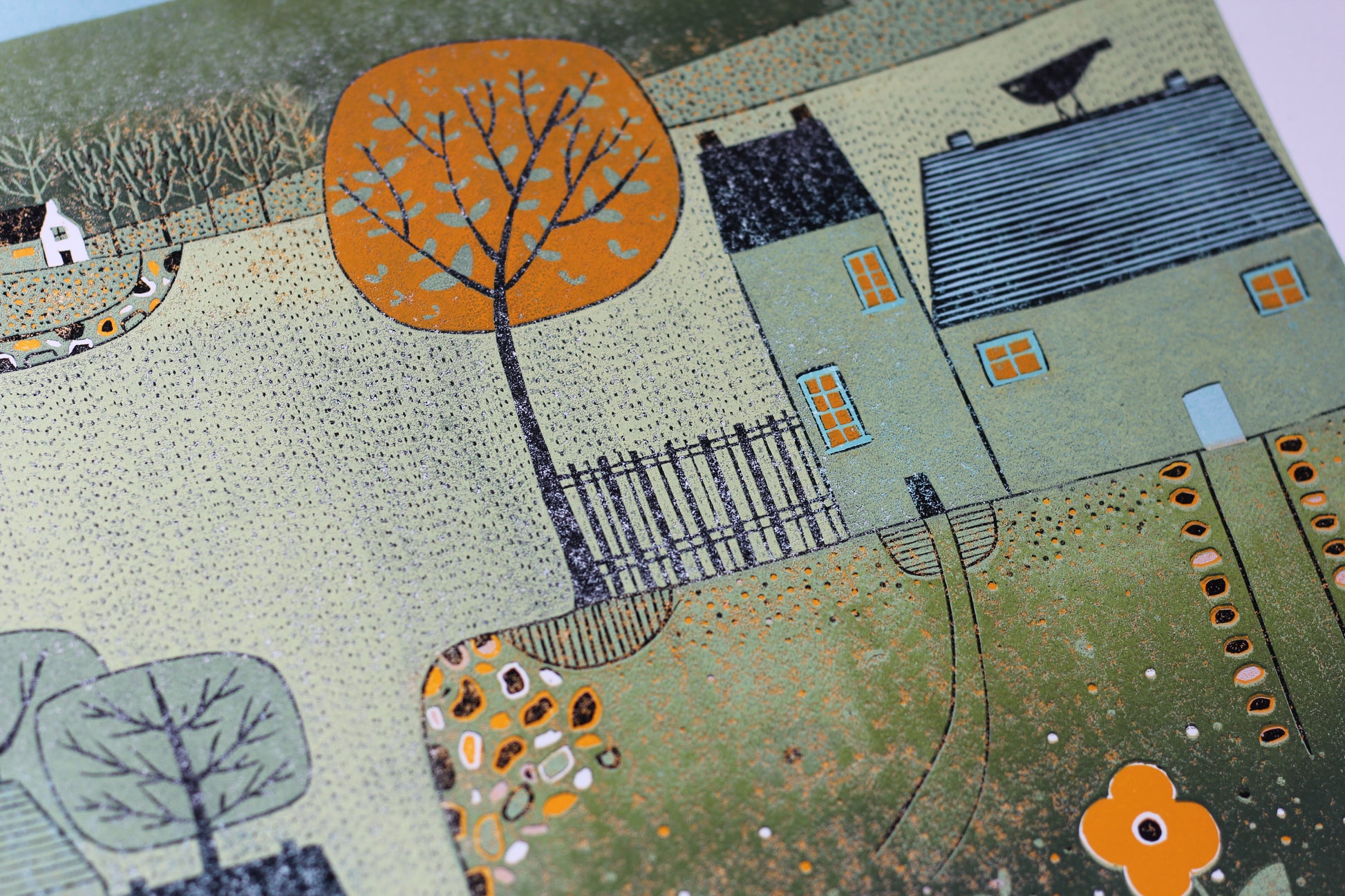 Green Haven original linocut print detail, limited edition of 20 by Layla Khani, Laylart Studio
