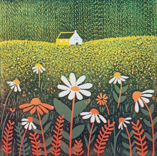 Fields of Colours - original limited edition mini linocut print by Layla Khani, midsummer wildflower landscape with daisies and cottage, Laylart Studio