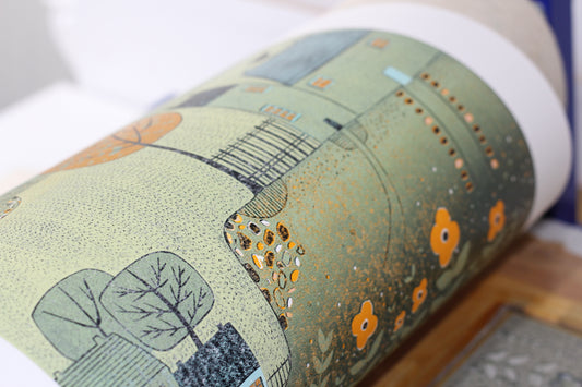 Green Haven linocut print detail showing hand-carved texture, Laylart Studio
