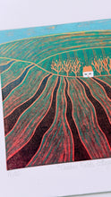 Load image into Gallery viewer, Golden Fields Cottage mini linocut print shown flat, hand-printed by Layla Khani