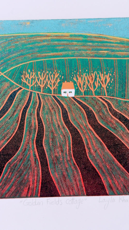 Golden Fields Cottage original mini linocut print detail, winter countryside landscape, Laylart Studio