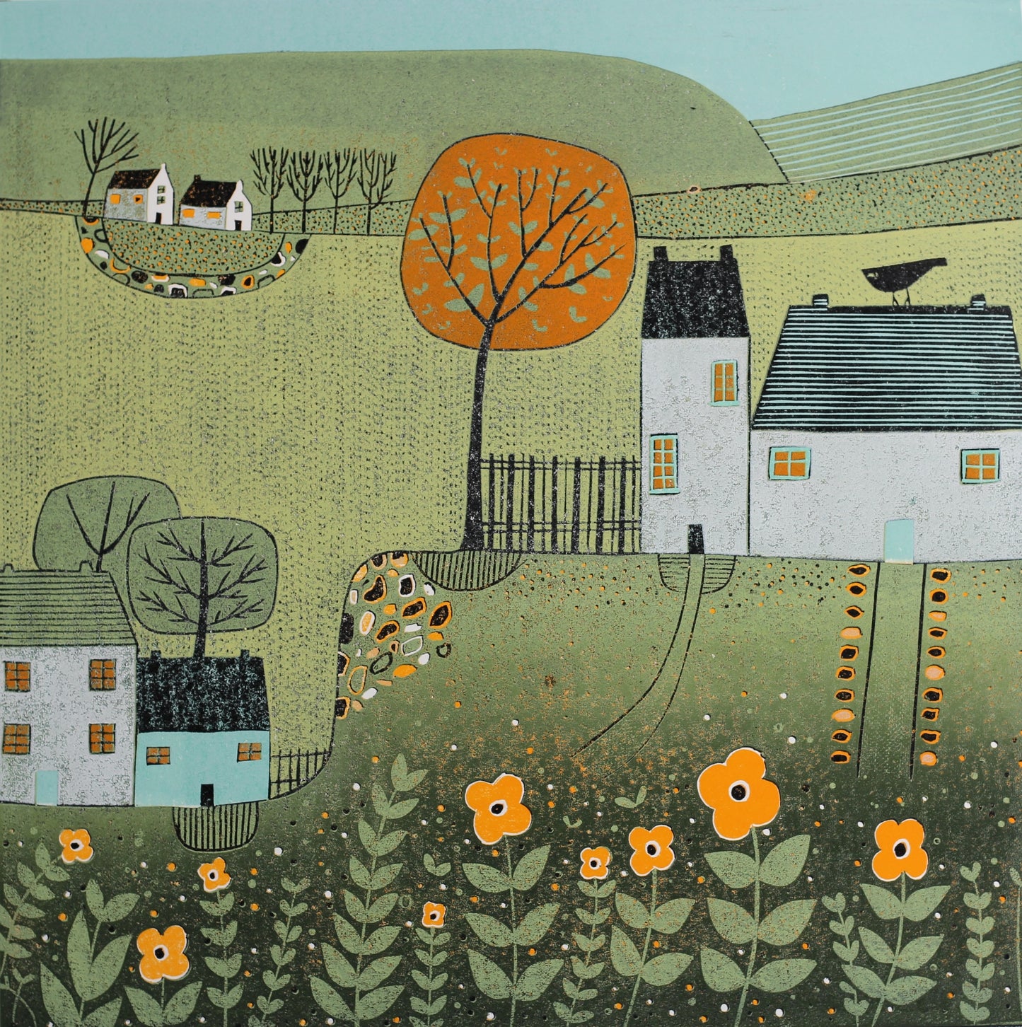 Green Haven - original limited edition linocut print by Layla Khani, autumn village landscape with orange tree and flowers, Laylart Studio