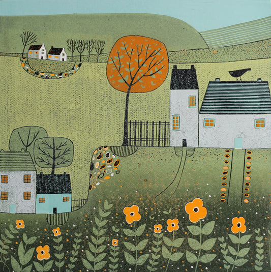 Green Haven - original limited edition linocut print by Layla Khani, autumn village landscape with orange tree and flowers, Laylart Studio
