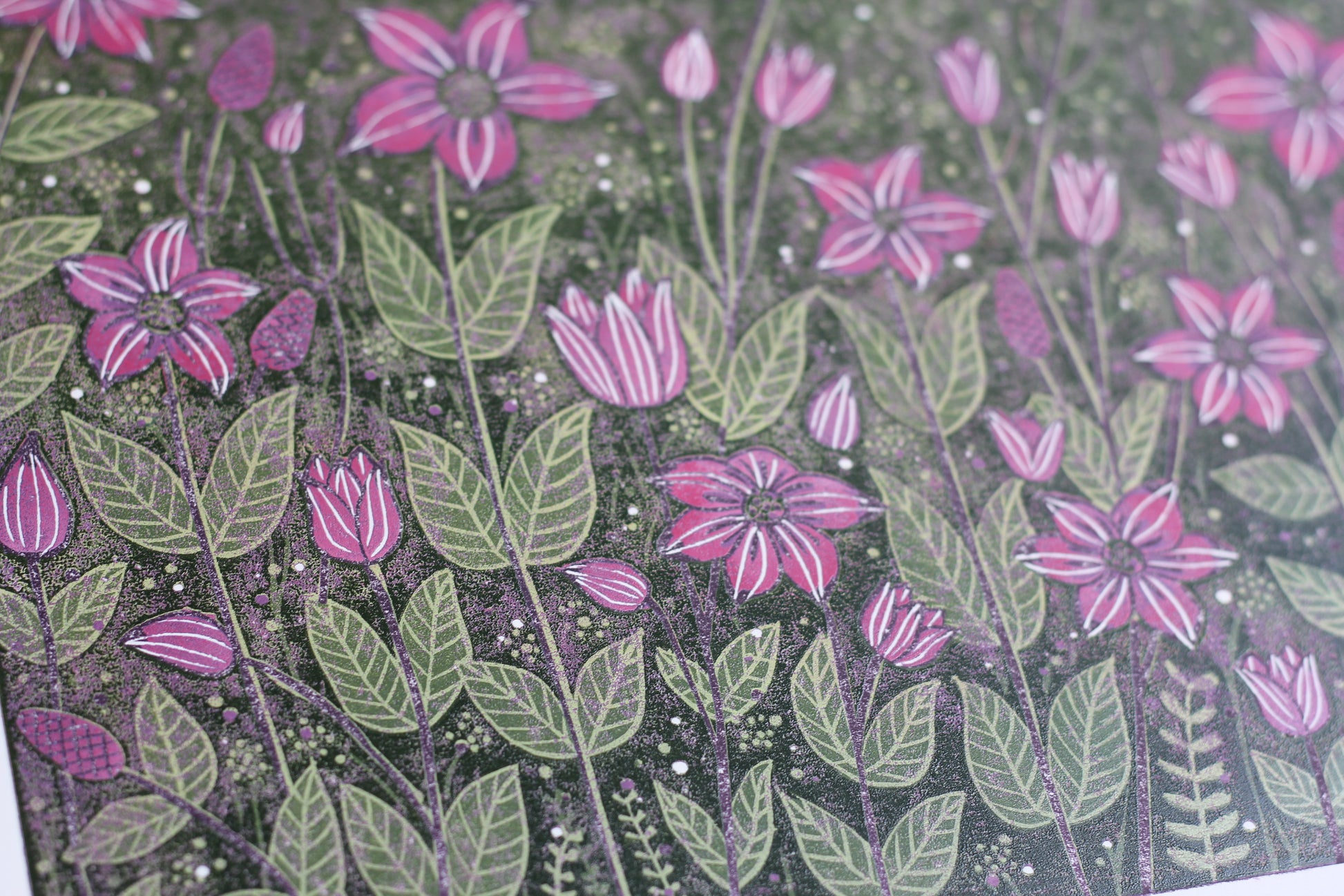 Nature's Melody - Linocut print limited edition close up - Layla Khani - Laylart Studio