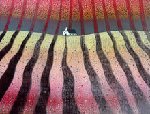 Load image into Gallery viewer, Chorus of Colours - original limited edition linocut print by Layla Khani, bold autumn landscape in red orange and gold stripes, Laylart Studio