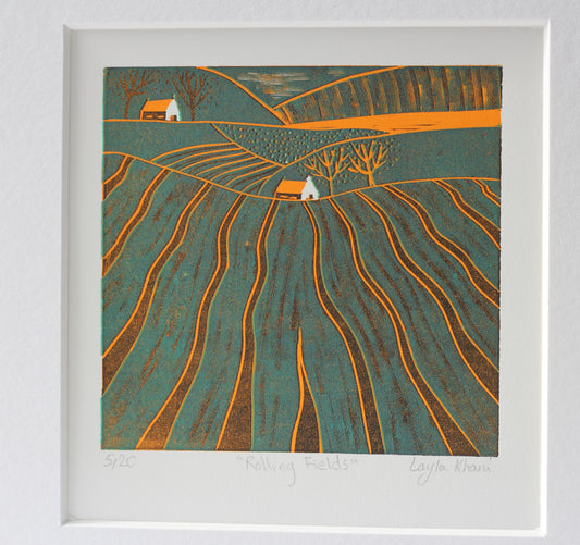 Rolling Fields mini linocut print shown mounted, hand-printed by Layla Khani, Laylart Studio