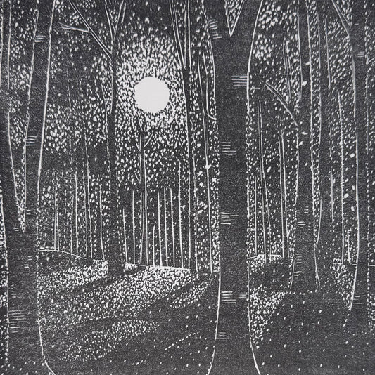Whispers of Moonlight original black and white linocut print of a full moon shining through woodland
