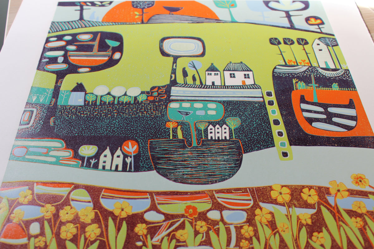 Close-up of houses, flowers and carved patterns in A Glorious Sight linocut print