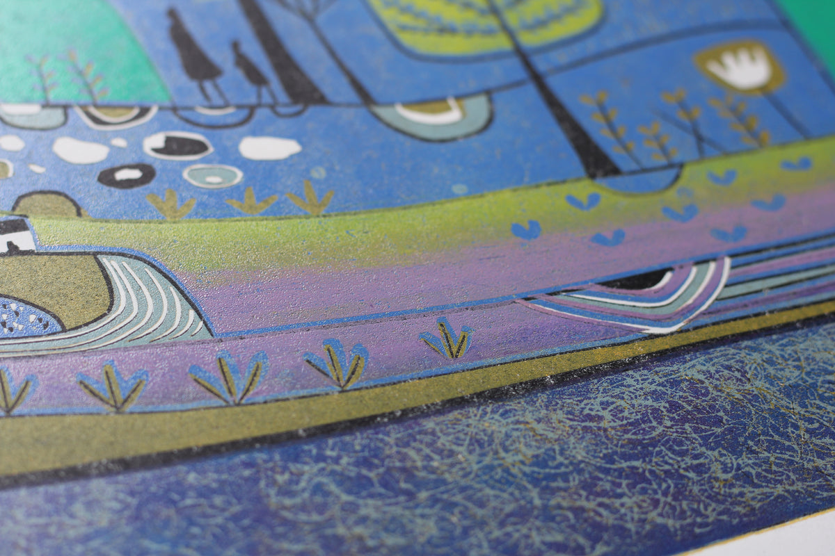 Close up of A Moment of Happiness linocut print detail - hand-carved by Layla Khani, Laylart Studio