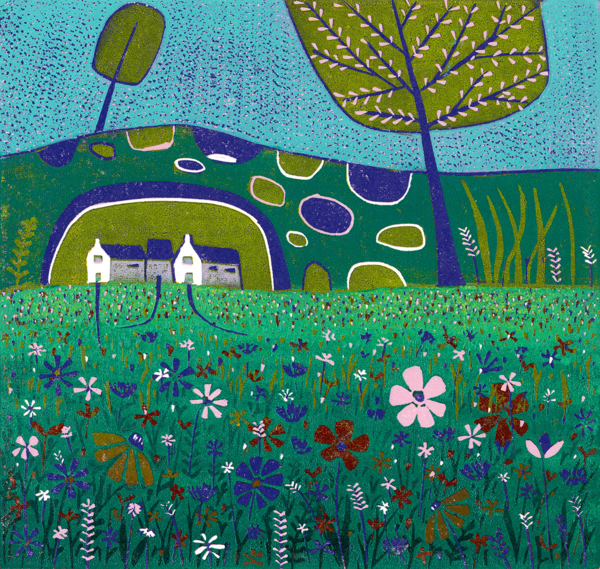 A Late Summer Day linocut greeting card featuring a colourful wildflower meadow, green hills, trees and white cottages beneath a turquoise sky.