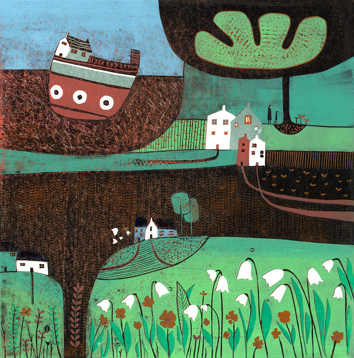 Autumn Days original 30 x 30 cm landscape linocut print by Layla Khan