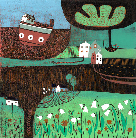 Autumn Days original 30 x 30 cm landscape linocut print by Layla Khan