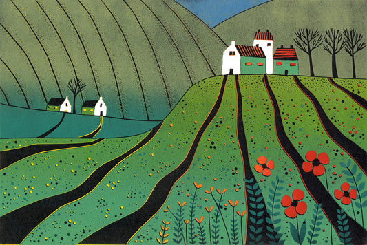 The Fields of Happiness - original limited edition linocut print by Layla Khani, green countryside landscape with cottages and poppies, Laylart Studio