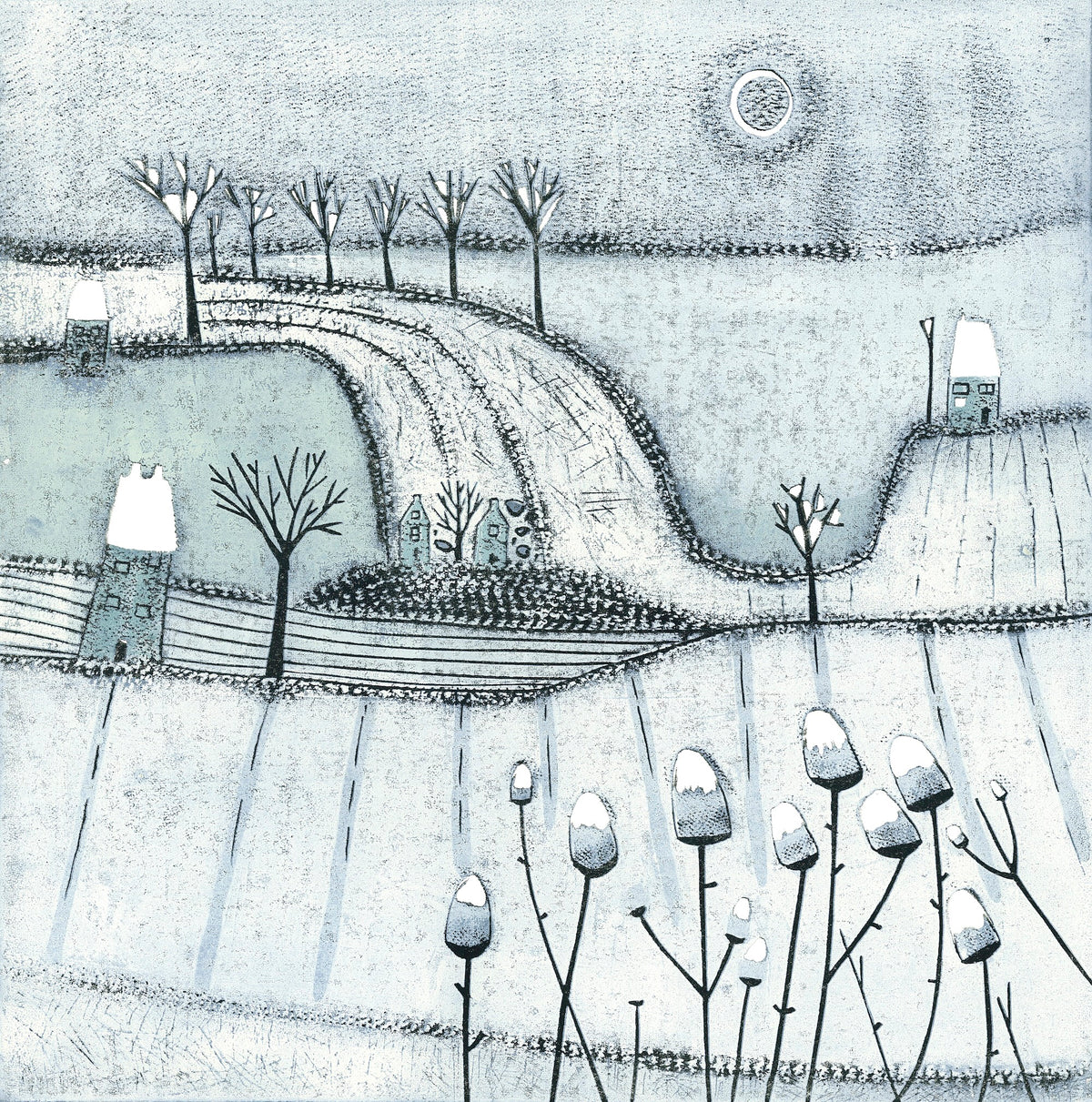 There Is Wonder in the Air Christmas card with snowy countryside linocut artwork