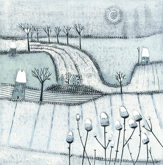 There Is Wonder in the Air Christmas card with snowy countryside linocut artwork