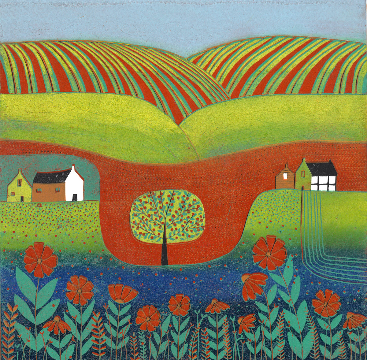 Endless Summer original 30 x 30 cm landscape linocut print by Layla Khani