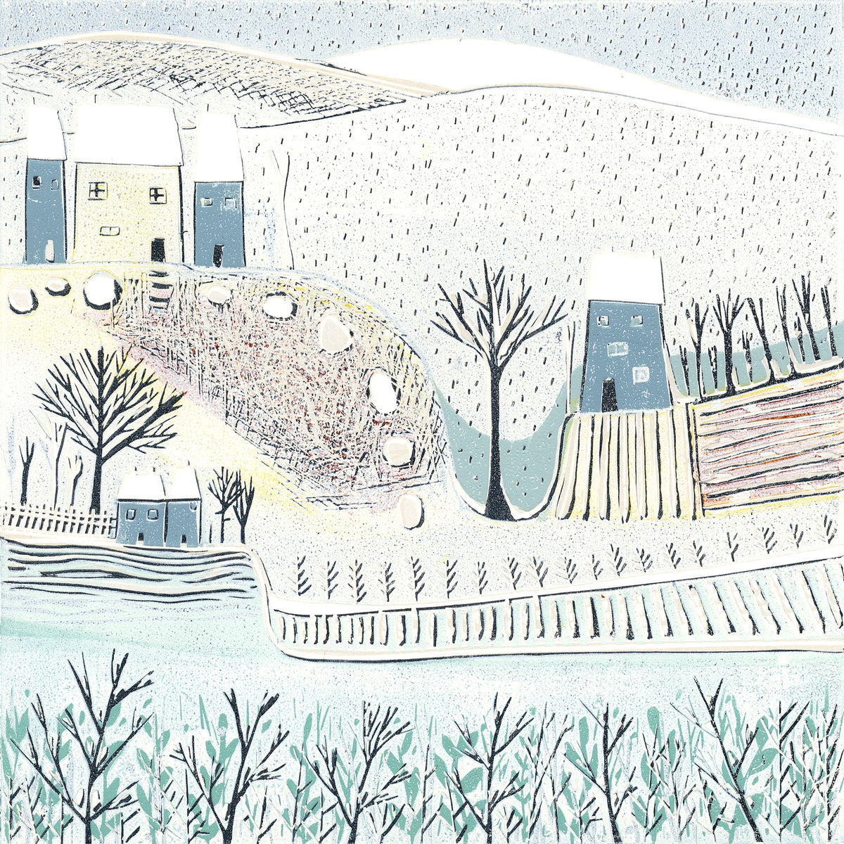 Blue Winter Christmas greeting card with snowy cottages and winter landscape linocut artwork