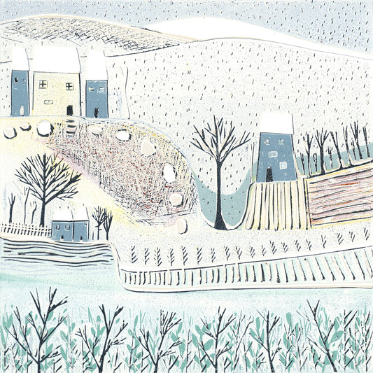 Blue Winter Christmas greeting card with snowy cottages and winter landscape linocut artwork