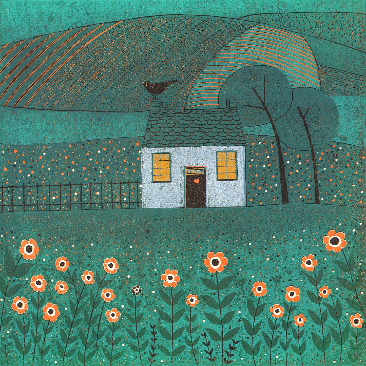 The House with the Bird original reduction linocut print featuring a cottage, blackbird, flowers and rolling green fields.