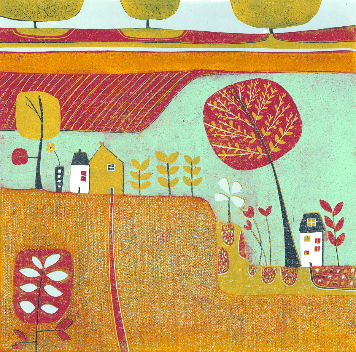 Gentle Caress of Autumn linocut greeting card showing golden-orange fields, a large red tree, little cottages and patterned countryside.