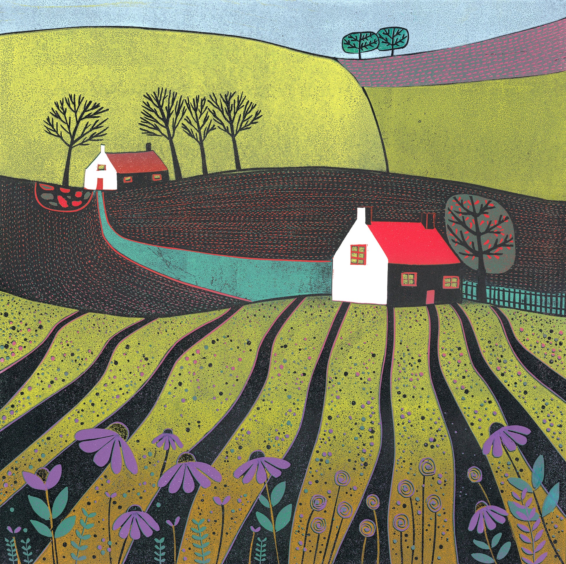 Original linocut print of a red-roofed cottage among lime green fields and purple flowers, British landscape art.