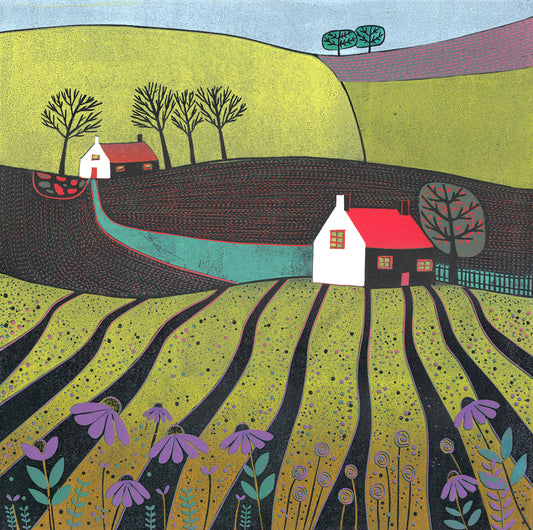 A Glorious Spring Day - original limited edition linocut print by Layla Khani, spring rapeseed fields and farmhouse landscape