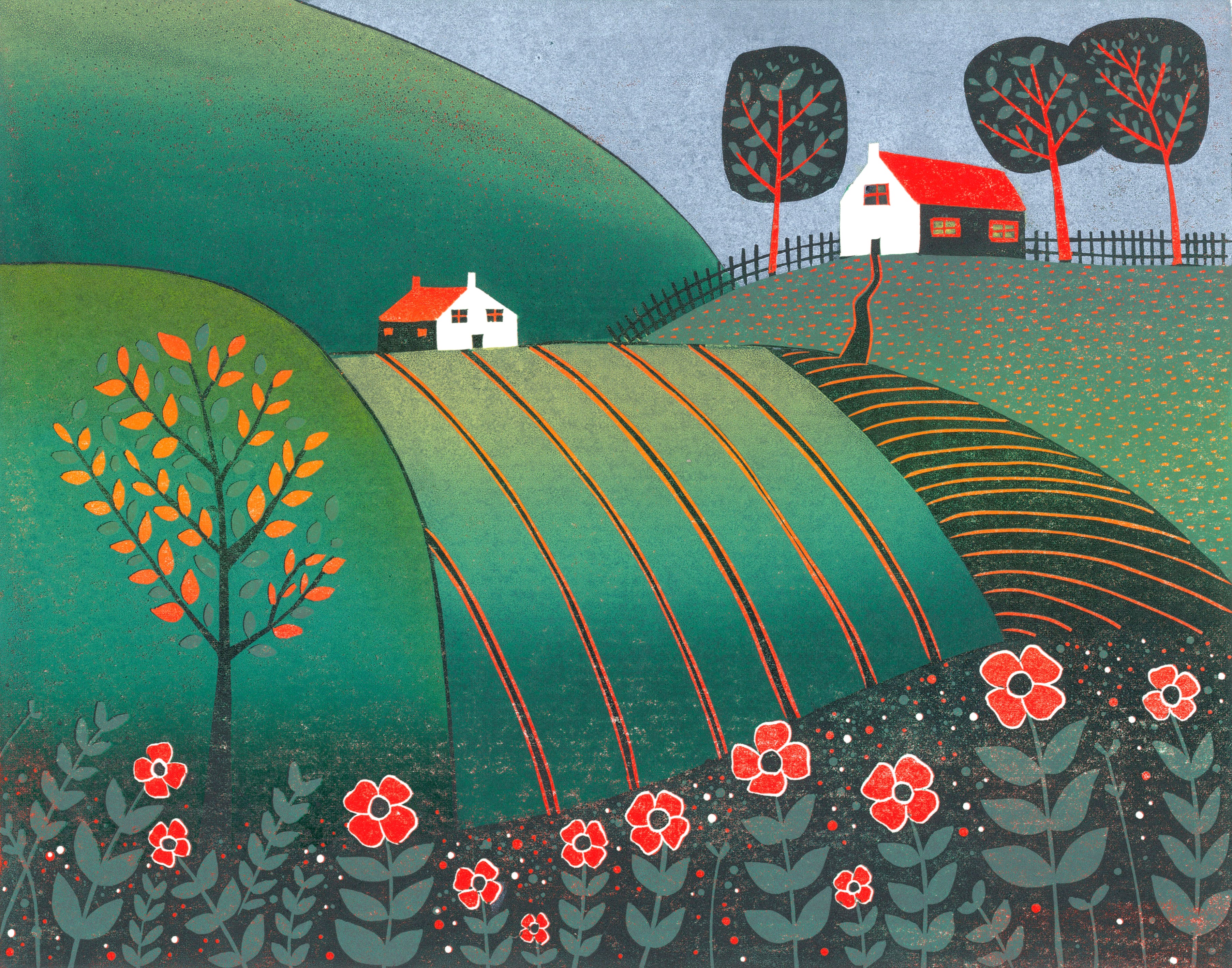 The Path Home - original limited edition linocut print by Layla Khani, autumn landscape with farmhouses and poppies, Laylart Studio