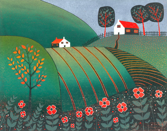 The Path Home - original limited edition linocut print by Layla Khani, autumn landscape with farmhouses and poppies, Laylart Studio