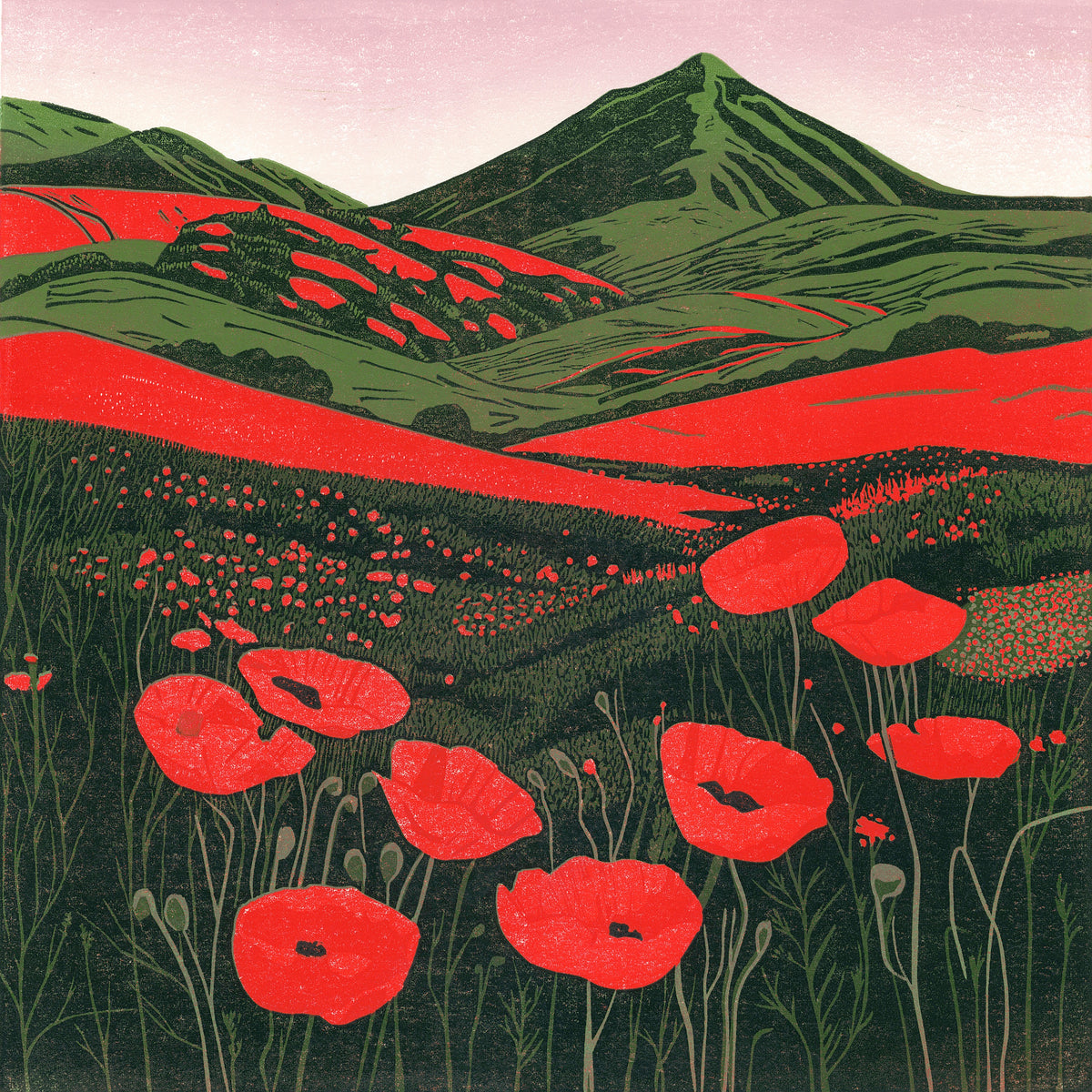 Hillside Poppies in Bloom original linocut print of red poppies across a colourful summer hillside
