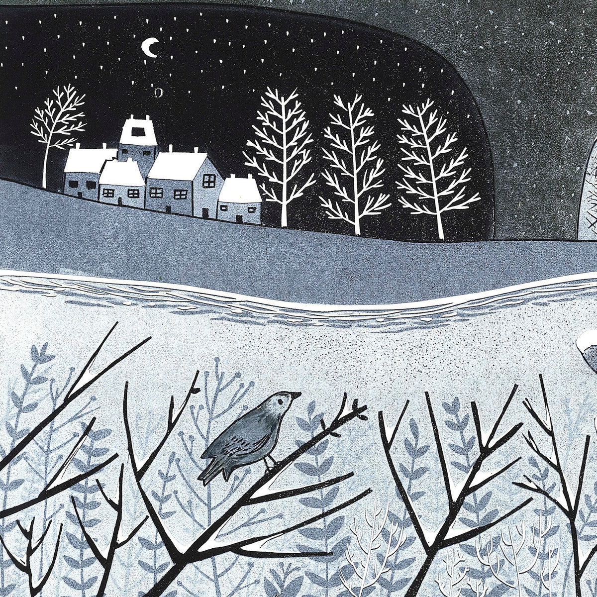 Wild Winter Christmas greeting card with winter bird and snowy village linocut artwork