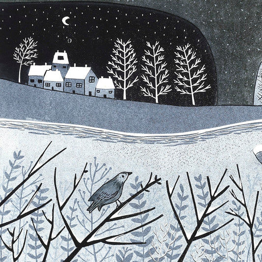 Wild Winter Christmas greeting card with winter bird and snowy village linocut artwork