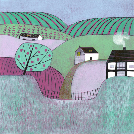 Original linocut print of an orchard and timbered cottage in the Malvern Hills, in soft lavender, sage and green.